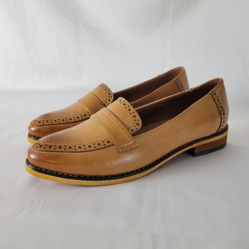 NEW Mona Flying Women’s Genuine Leather Penny Loafers Brown Women Size 38 US 7.5